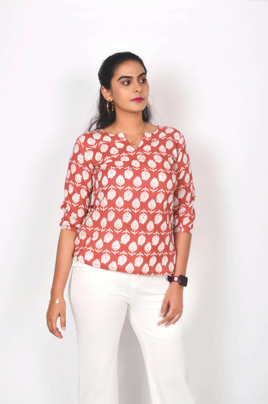 Brick Red Cotton Basic Top