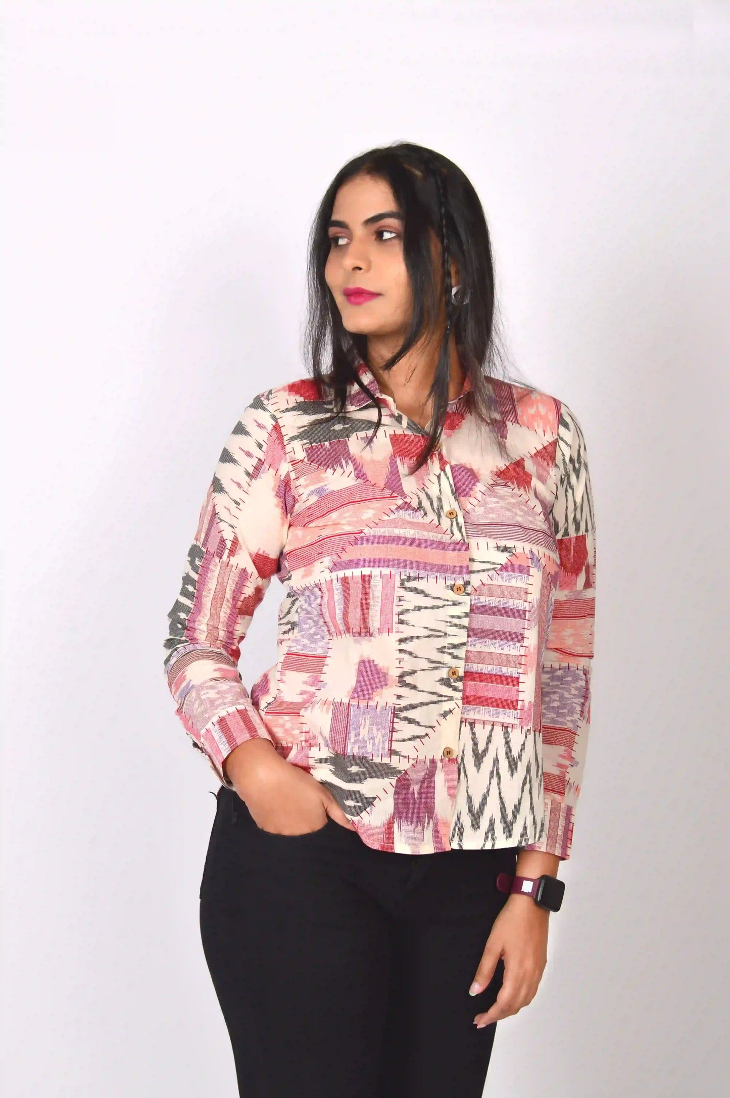 Patchwork Printed Cotton Shirt (Maroon)