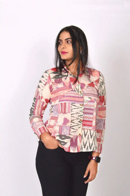 Patchwork Printed Cotton Shirt (Maroon)