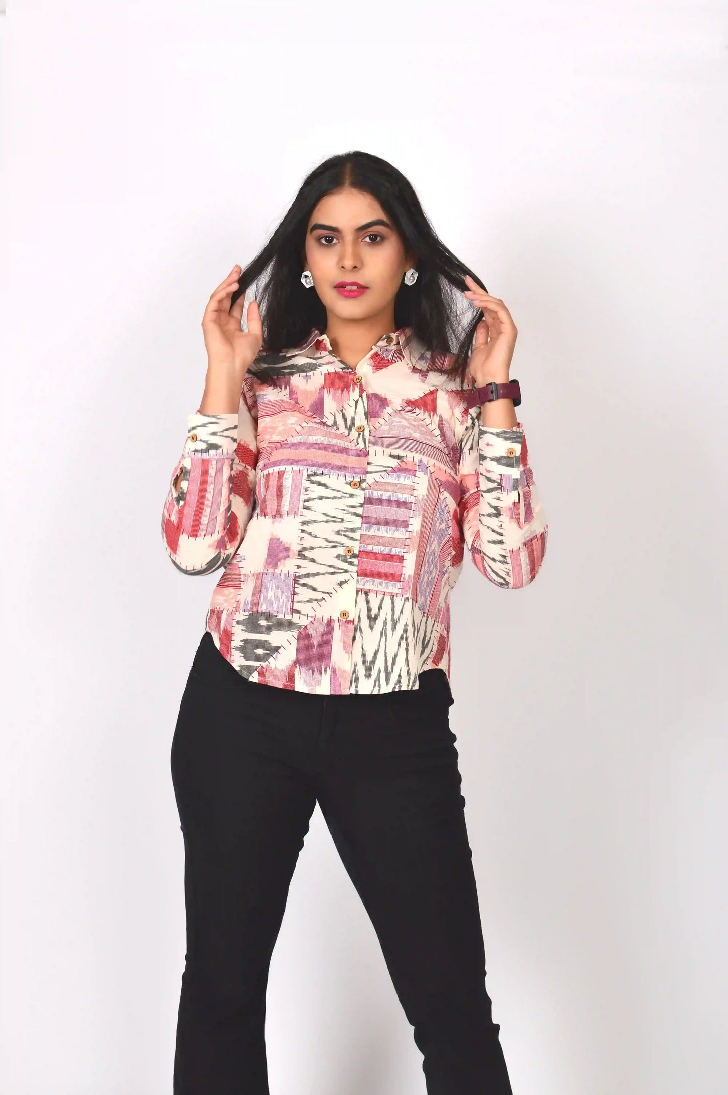 Patchwork Printed Cotton Shirt (Maroon)