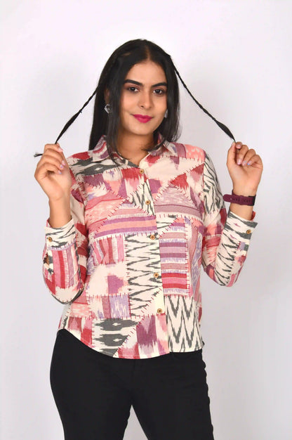 Patchwork Printed Cotton Shirt (Maroon)