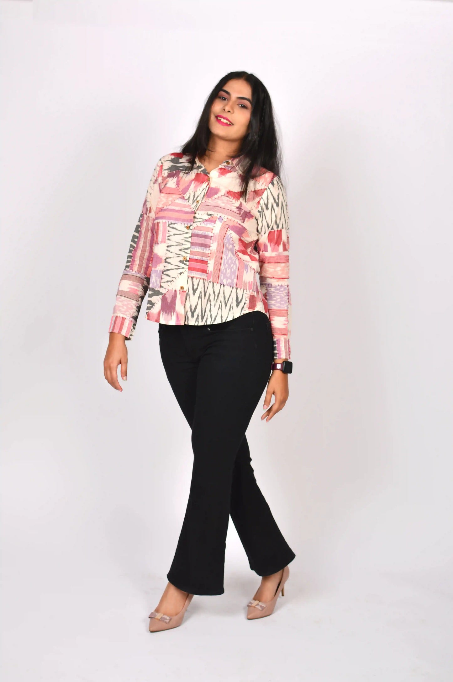 Patchwork Printed Cotton Shirt (Maroon)